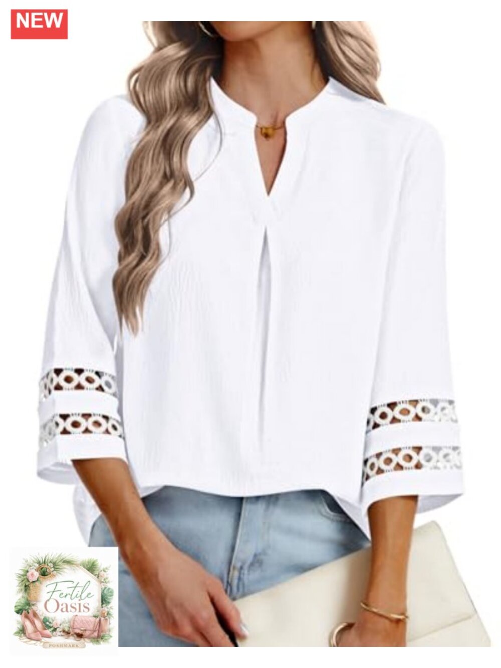 Womens 3/4 Sleeve Tunic Top V-Neck Pleated Casual Work Blouse